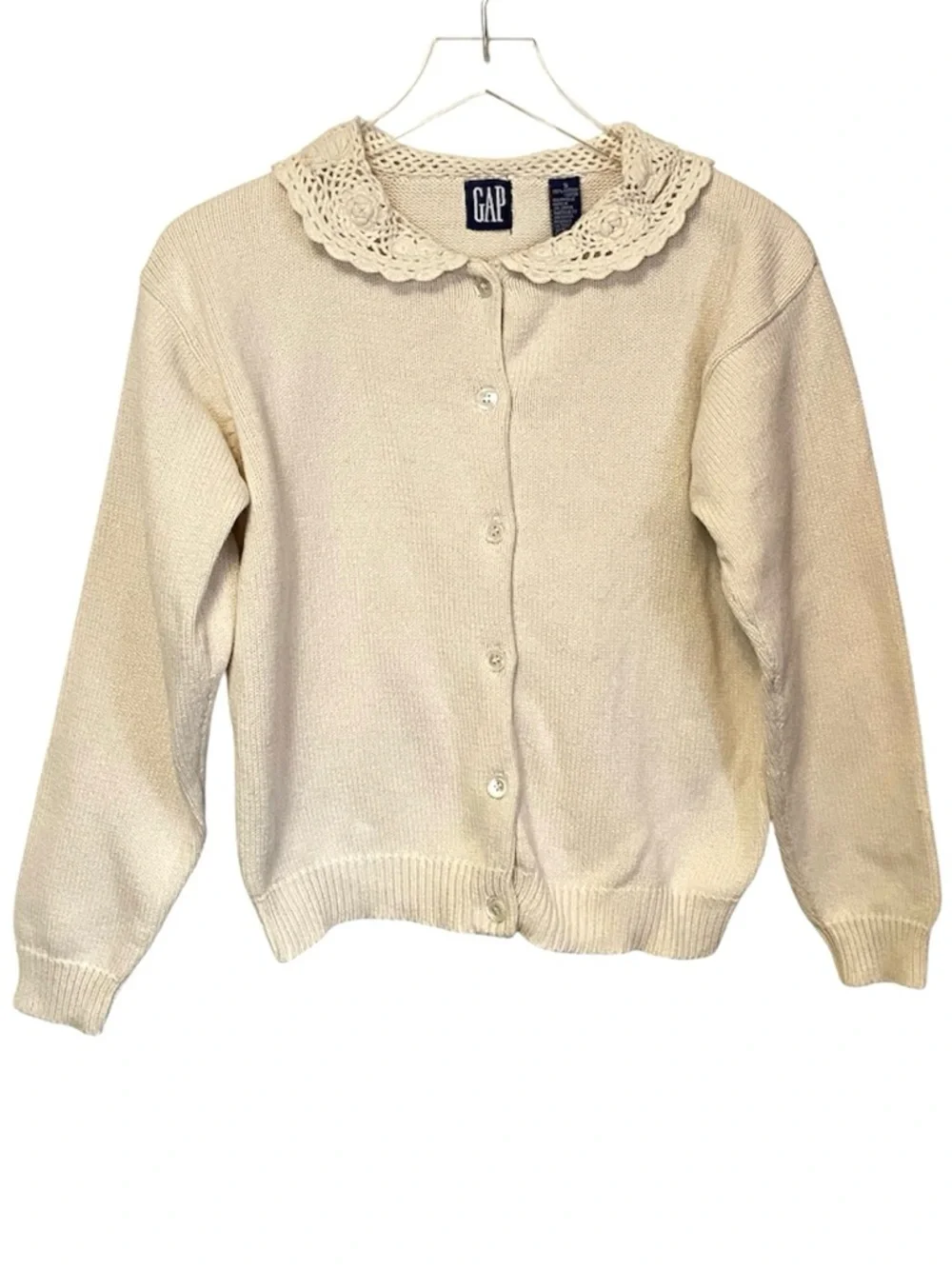 Vintage GAP Crochet Collar Cardigan Peter Pan Button Cottagecore Preppy Small - Picture 3 of 8